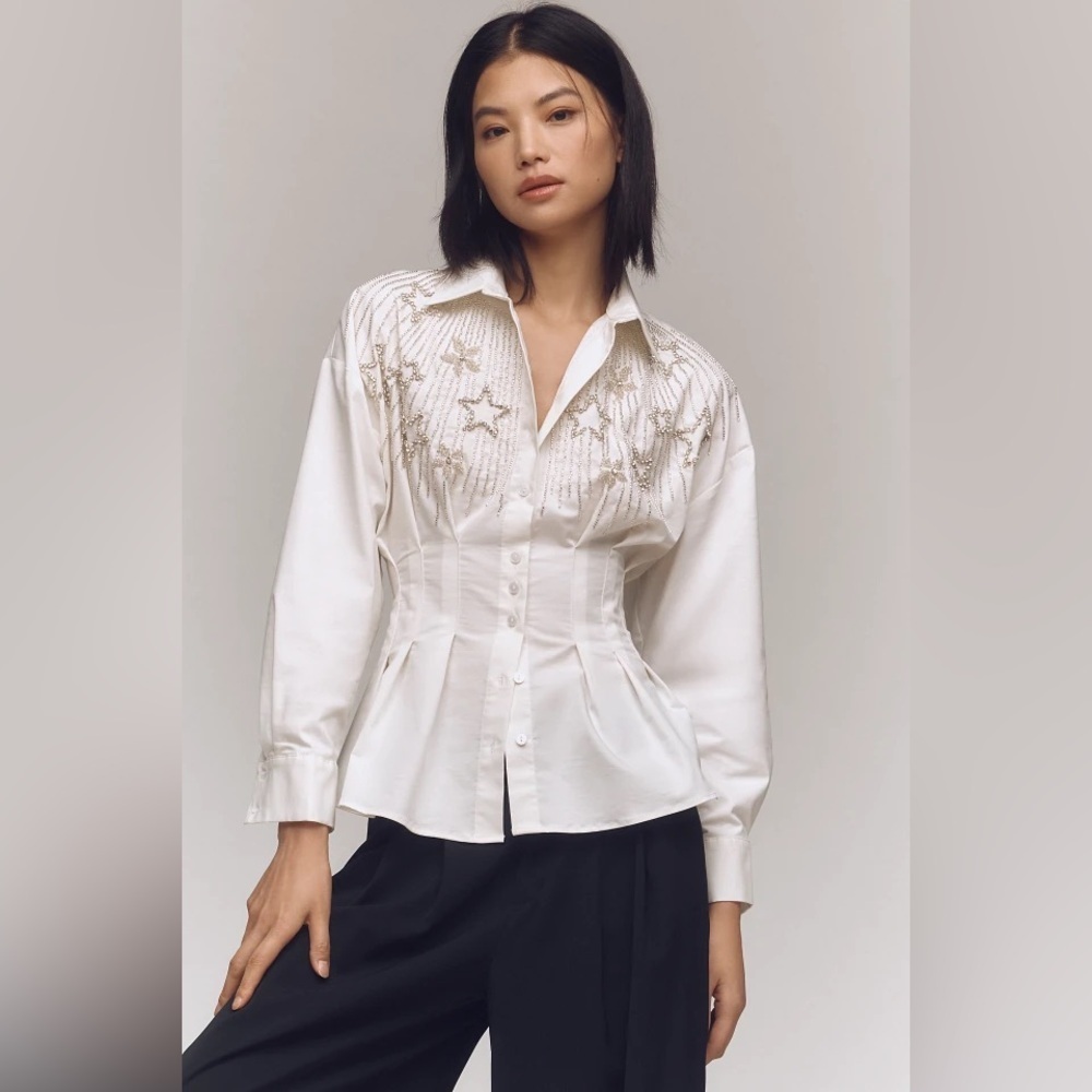 Anthropologie The Tobie Pleated Blouse by Exquise: Long-Sleeve Star Edition 2X